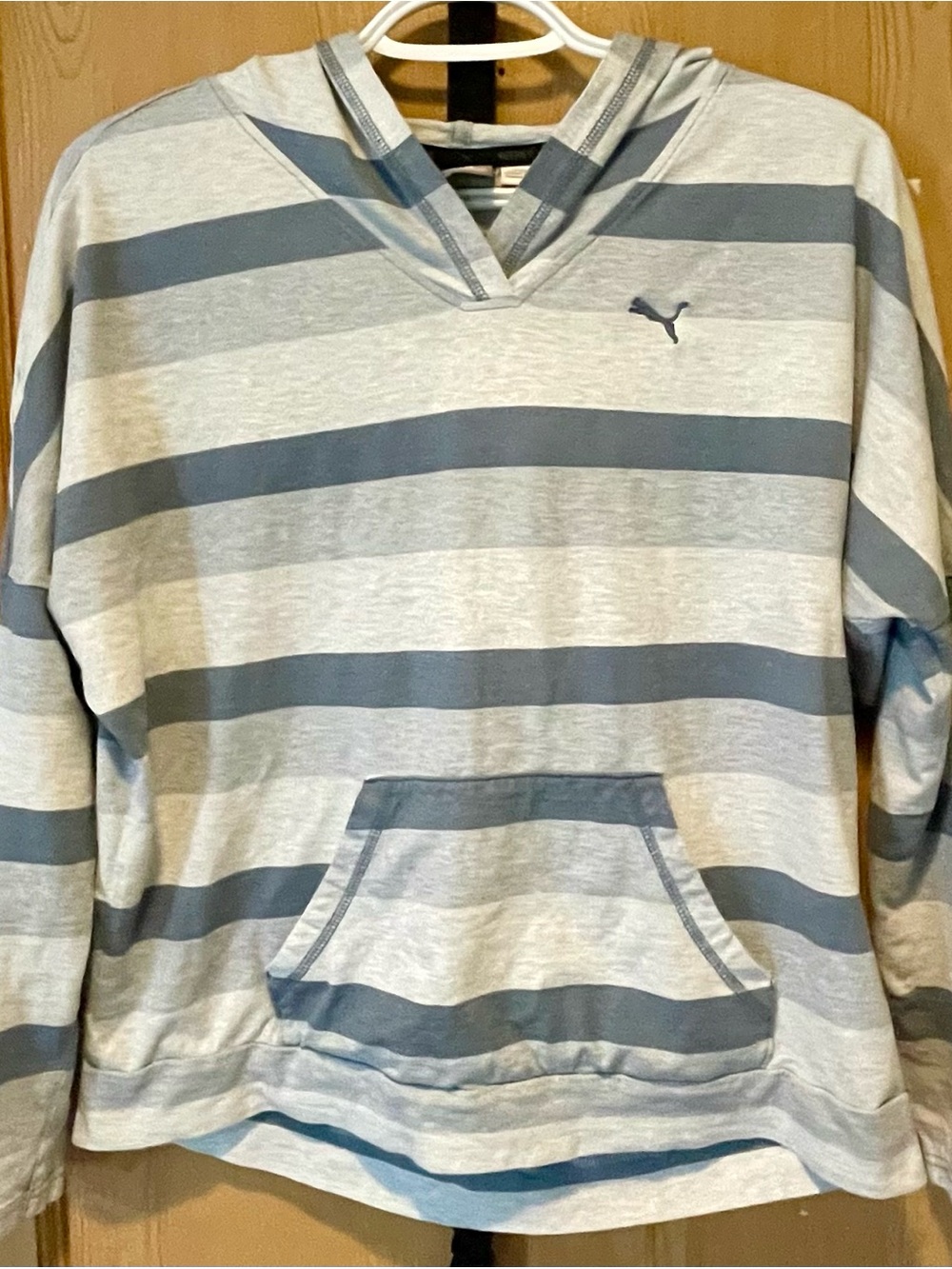 Puma Women’s Light Gray and Blue Striped Hooded Long Sleeve Tee